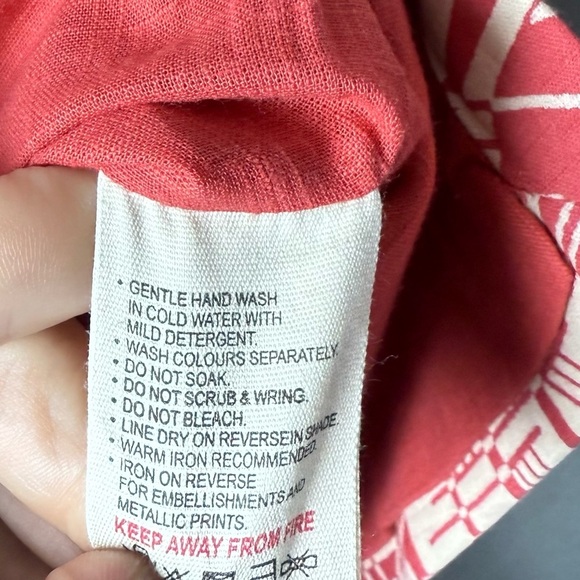 Fabindia Abstract Print Cotton Waistcoat Nehru Button Up Vest Salmon Pink Cream - Picture 6 of 12